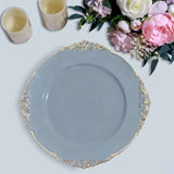 6 Pack | 13inch Dusty Blue Gold Embossed Baroque Round Charger Plates With Antique Design Rim