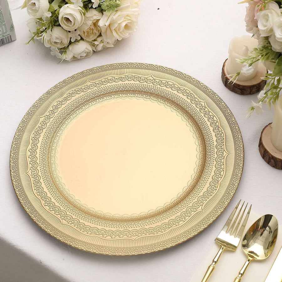 6 Pack | 13inch Gold Rustic Lace Embossed Acrylic Plastic Charger Plates