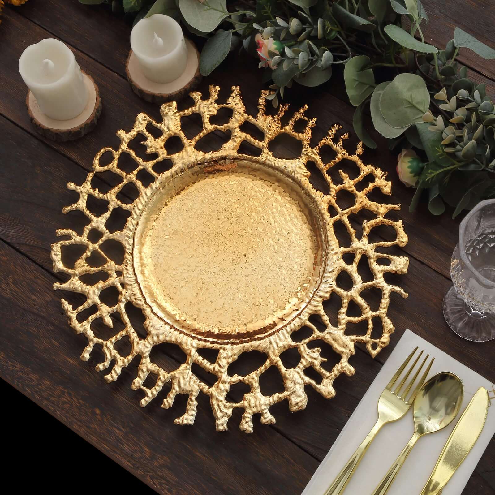 6-Pack Acrylic Round Charger Plates 13" in Gold with Molten Branch Design, Plastic Hollow Lace Decorative Dinner Party Charger Tableware