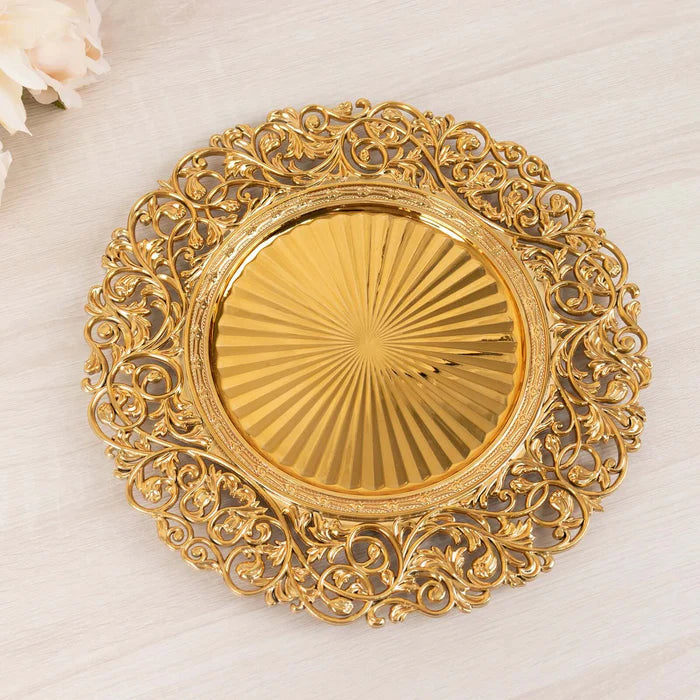 Gold ornate charger plate with carved floral rim