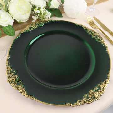 6-Pack Acrylic Round Charger Plates 13" in Hunter Emerald Green with Gold Embossed Baroque Rim, Antique Decorative Dinner Party Charger Tableware