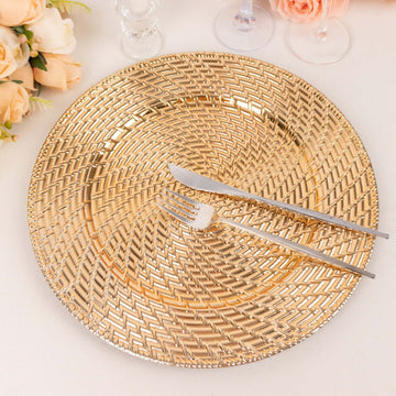 6-Pack Acrylic Round Charger Plates 13" in Metallic Gold with Swirl Rattan Pattern, Farmhouse Plastic Charger Tableware