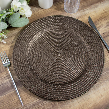 6-Pack Acrylic Round Charger Plates 13" in Natural Brown with Rattan-Like Design, Farmhouse Disposable Plastic Charger Tableware