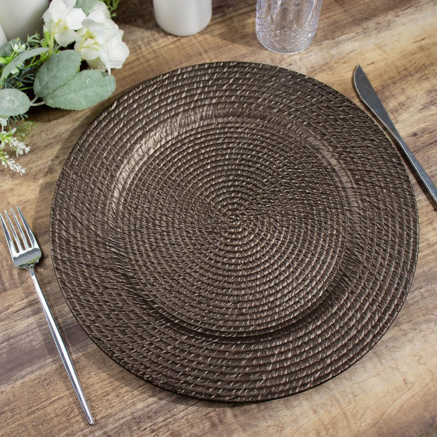 6 Pack | 13inch Natural Brown Rattan-Like Disposable Round Charger Plates