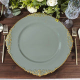 6 Pack | 13inch Olive Green Gold Embossed Baroque Round Charger Plates With Antique Design Rim