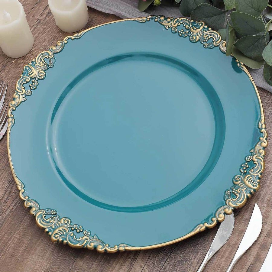 6-Pack Acrylic Round Charger Plates 13" in Peacock Teal with Gold Embossed Baroque Rim, Antique Decorative Dinner Party Charger Tableware