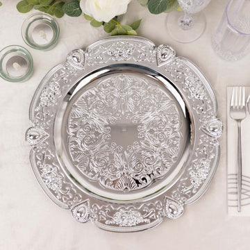 6-Pack Acrylic Round Charger Plates 13" in Silver Floral Embossed with Scalloped Rim, Plastic Decorative Charger Tableware