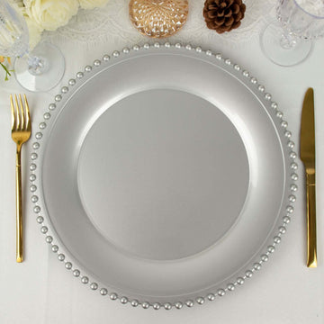 6-Pack Acrylic Round Charger Plates 13" in Silver with Beaded Rim, Decorative Dinner Party Charger Tableware