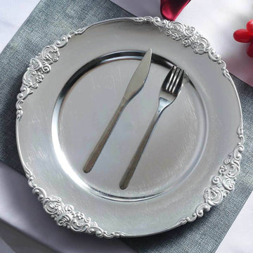 6-Pack Acrylic Round Charger Plates 13" in Silver with Embossed Baroque Rim, Antique Decorative Dinner Party Charger Tableware