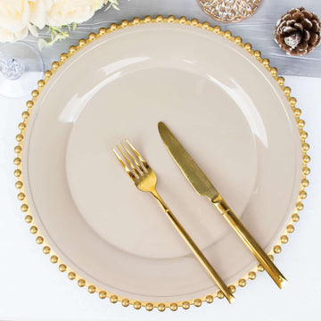 6-Pack Acrylic Round Charger Plates 13" in Taupe with Gold Beaded Rim, Decorative Dinner Party Charger Tableware