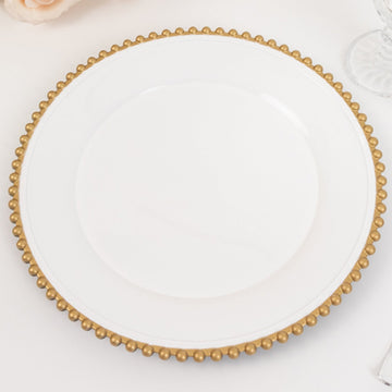 6-Pack Acrylic Round Charger Plates 13" in White with Gold Beaded Rim, Decorative Dinner Party Charger Tableware