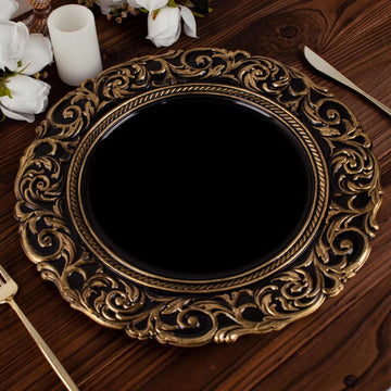 6-Pack Acrylic Round Charger Plates 14" in Black with Gold Engraved Baroque Rim, Vintage Disposable Decorative Chargers