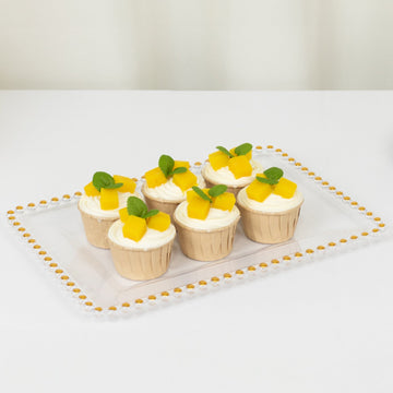 6-Pack Rectangular Acrylic Serving Trays Clear with Gold Beaded Rim - Food and Dessert Platters 9"x13"