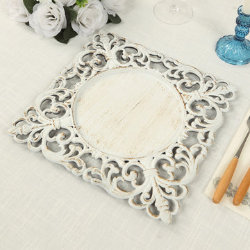 6-Pack Acrylic Square Charger Plates 12" Whitewashed with Hollow Lace Border, Event Tabletop Decorative Charger Tableware