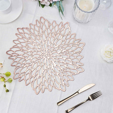 6-Pack Dining Table Mats Floral Design Rose Gold - Metallic Vinyl Round Non-Slip Mats for Tables 15"