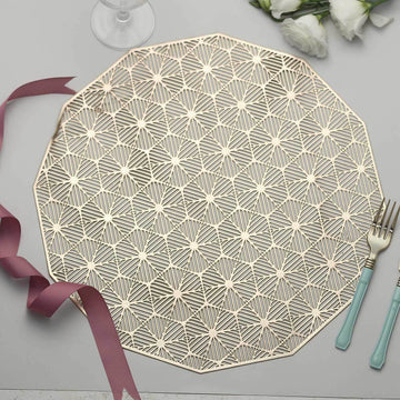 6-Pack Dining Table Mats Geometric Woven Design Gold - Vinyl Non-Slip Surface for Modern Table Settings 15"