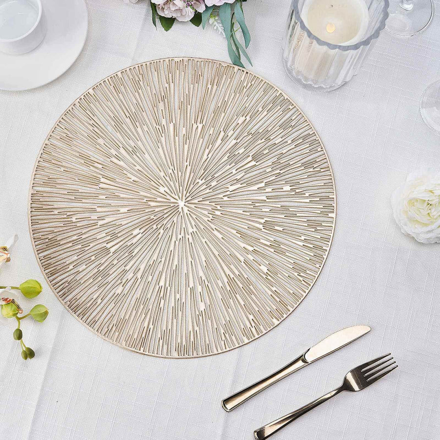 6 Pack Gold Metallic Vinyl Placemats, Non-Slip Spiked Design Round Table Mats 15"