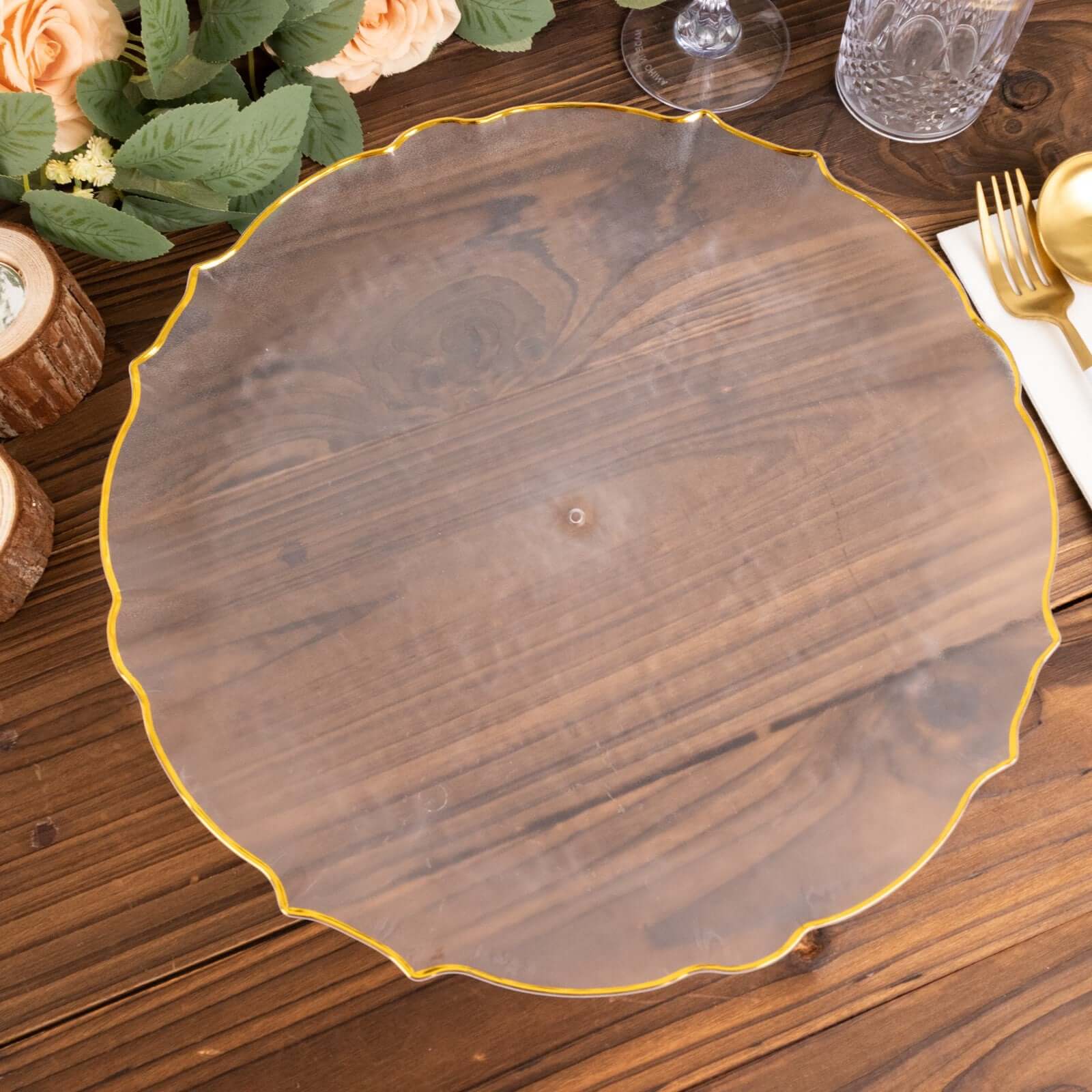 6-Pack Economy Plastic Round Charger Plates 13" in Clear with Gold Sunflower Scalloped Rim, Decorative Dinner Serving Plates