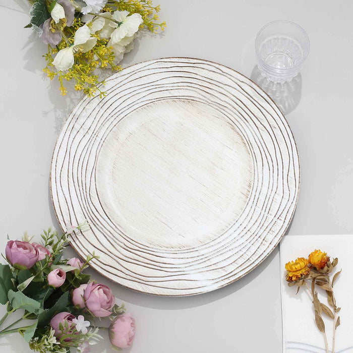 6 Pack | 13inch White Washed Rose Embossed Faux Wood Plastic Charger Plates