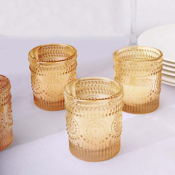 6-Pack Amber Gold Glass Votive Tealight Holders - Stylish Primrose Design for Weddings & Décor