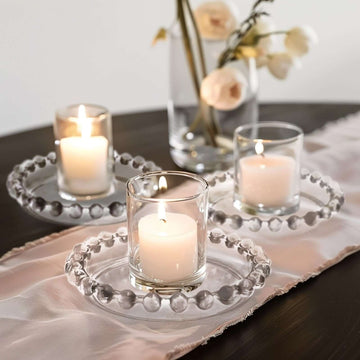 6-Pack Glass Pillar Candle Holder Plates Clear with Beaded Rims - Transparent Small Round Coaster Trays 4"