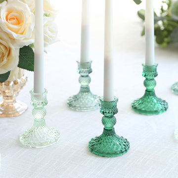 6-Pack Glass Taper Candlestick Holders Diamond Pattern Design Assorted Green - Reversible Crystal Pillar Votive Stands 4"