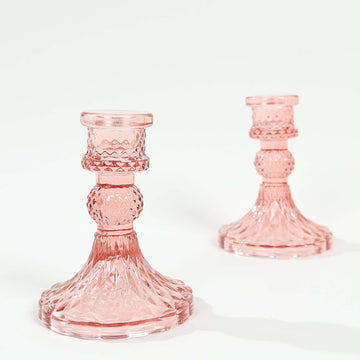 6-Pack Glass Taper Candlestick Holders Diamond Pattern Design Dusty Rose - Reversible Crystal Pillar Votive Stands 4"