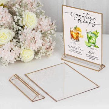 6-Pack Gold Acrylic Rectangular Frame Sign Holders Clear Double-Sided Display with White Cardboard - Suitable for Banquets 9"x11"