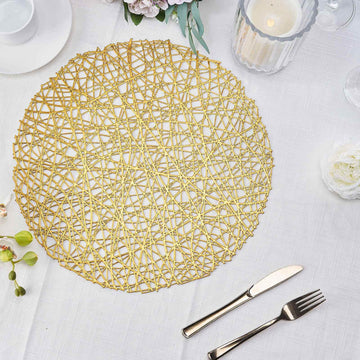 6-Pack Vinyl Placemats Gold Woven Design - Durable Non-Slip Round Table Mats for Dining 15"