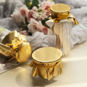 6-Pack Jar Covers Metallic Gold Round Lame Fabric Design with Satin Tie String - DIY Party Favors & Craft Supplies 6"