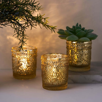 6-Pack Gold Glass Votive Tealight Holders - Stylish Primrose Design for Weddings & Décor