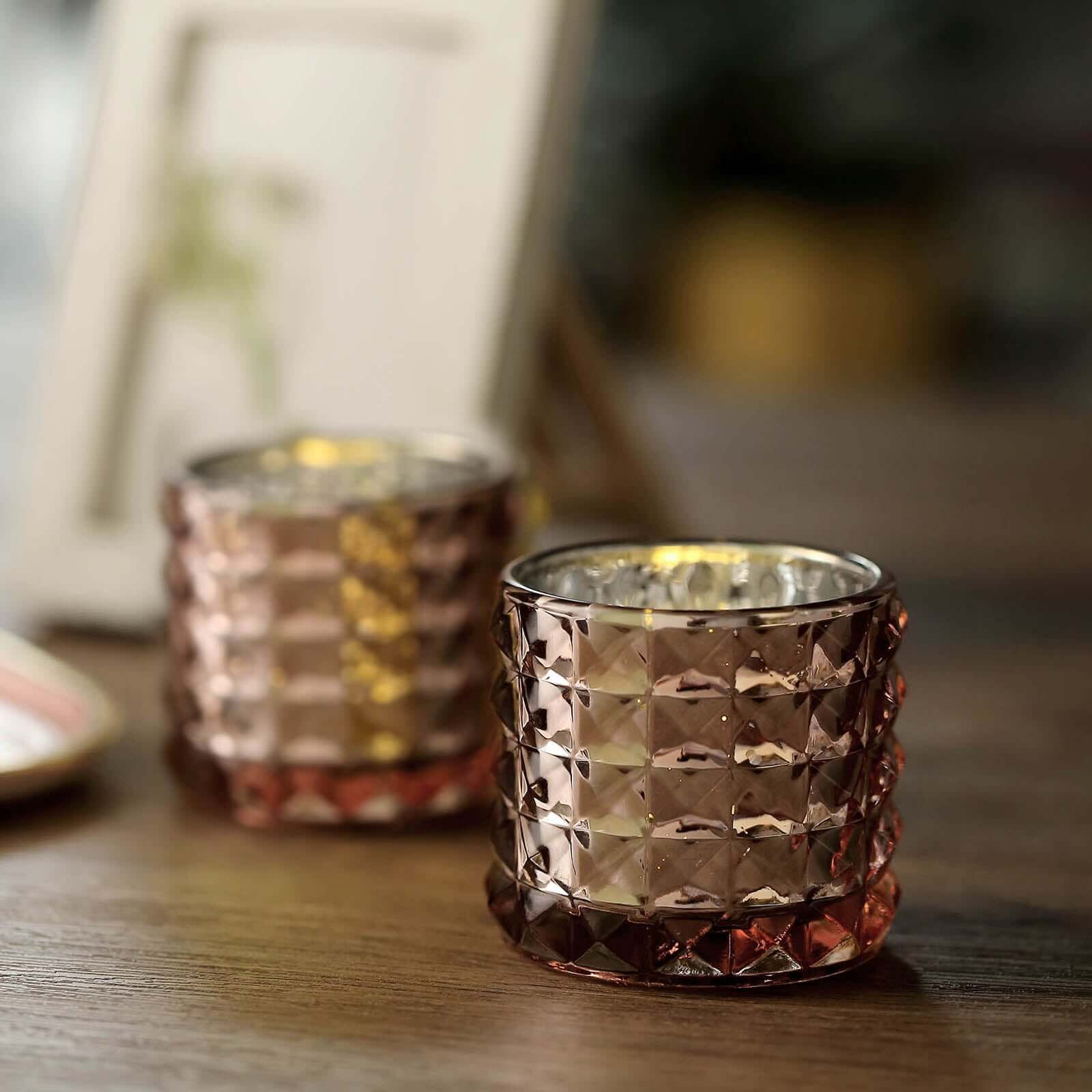 6-Pack Mercury Glass Votive Holders Studded Faceted Design Rose Gold - Tealight Candle Holders 3"