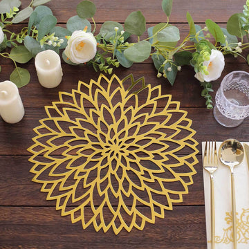 6-Pack Disposable Table Placemats in Metallic Gold with Laser Cut Hibiscus Flower Design - 400GSM Cardboard Placemats for Glamorous Table Decor 13"