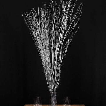 6-Pack Natural Birch Tree Branches 46" Metallic Silver - Versatile Extra Long Decorative Dried Willow Twigs Sticks for Vase Centerpiece Wedding Decor