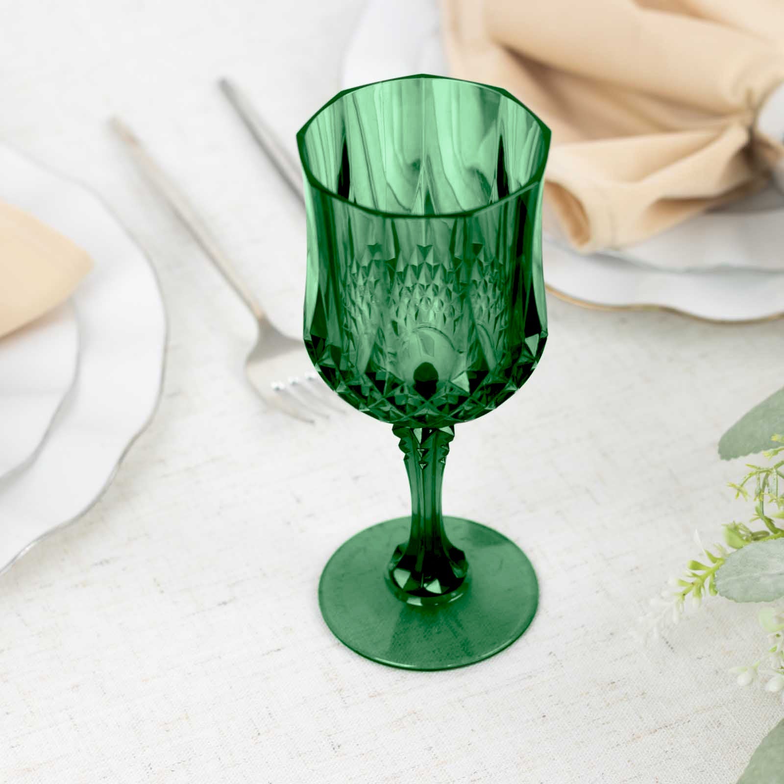 6-Pack Transparent Plastic Crystal Cut Wine Glasses 8Oz, Hunter Emerald Green | Shatterproof Cocktail Goblets
