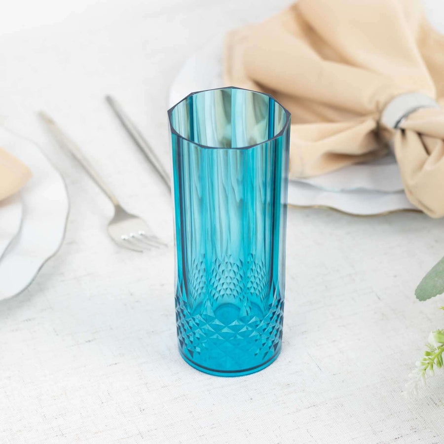 6 Pack 14oz Ocean Blue Crystal Cut Reusable Plastic Cocktail Tumbler Cups, Shatterproof Tall