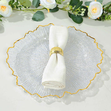 6-Pack Plastic Round Charger Plates 12" in Clear Reef Design with Gold Rim, Decorative Dinner Party Serving Plates