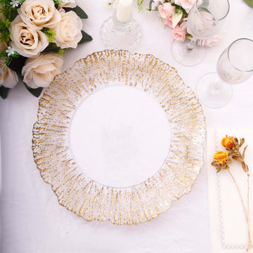 6-Pack Plastic Round Charger Plates 12" in Clear with Gold Brushed Scalloped Reef Rim, Decorative Dinner Party Serving Plates