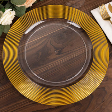 6-Pack Plastic Round Charger Plates 13" in Clear with Gold Lined Ring Rim, Classy Dinner Serving Plates