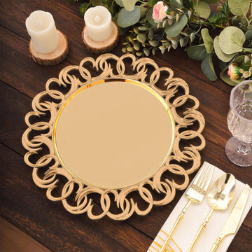 6-Pack Plastic Round Charger Plates 13" in Gold with Entwined Swirl Rim, Plastic Disposable Decorative Chargers