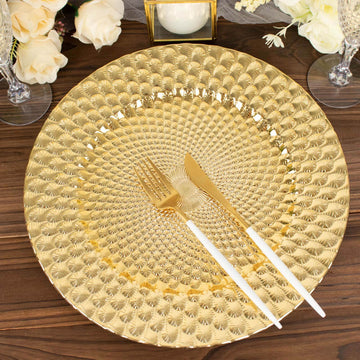 6-Pack Plastic Round Charger Plates 13" in Gold with Peacock Pattern, Exquisite Decorative Dinner Party Charger Tableware