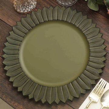 6-Pack Plastic Round Charger Plates 13" in Olive Green with Sunflower Rim, Matte Finish Disposable Dinner Charger Tableware