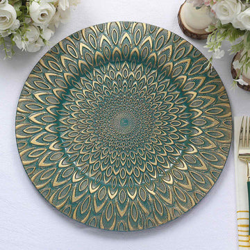 6-Pack Plastic Round Charger Plates 13" in Teal with Gold Embossed Peacock Pattern, Stylish Disposable Charger Tableware