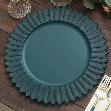 6-Pack Plastic Round Charger Plates 13" in Teal with Sunflower Rim, Matte Finish Disposable Dinner Charger Tableware