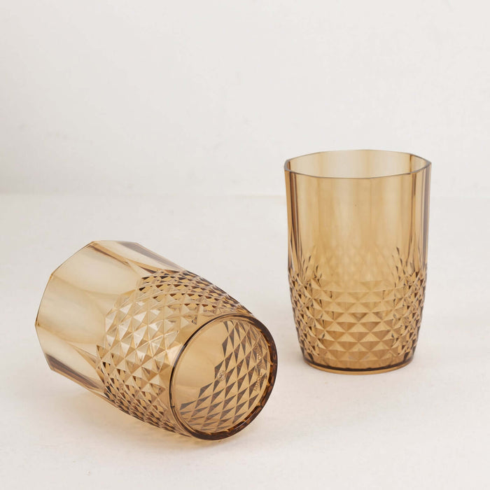 6 Pack Amber Gold Reusable Plastic Tumbler Glasses in Crystal Cut Style