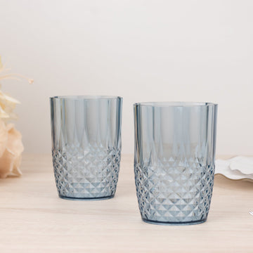 6-Pack Plastic Short Tumblers Dusty Blue Transparent Crystal Cut Style - Reusable All-Purpose Glasses 16oz