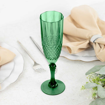 6-Pack Plastic Wedding Toast Flutes Hunter Emerald Green Transparent Crystal Cut Style - Reusable Champagne Glasses 8oz