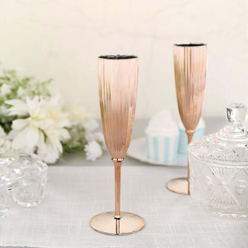 6-Pack Plastic Champagne Flutes in Metallic Rose Gold - Classy Disposable Champagne Glasses for Toasting & Cocktail Parties 5oz