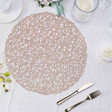 6-Pack Vinyl Placemats Rose Gold Woven Design - Durable Non-Slip Round Table Mats for Dining 15"