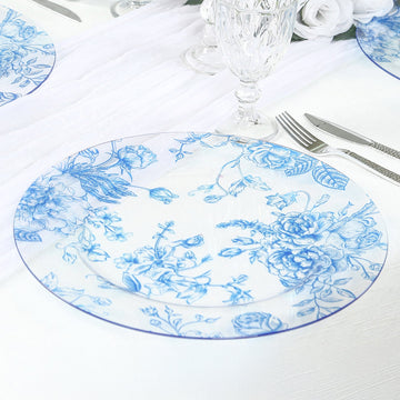 6 Pack Round Floral Acrylic Charger Plates in French Toile Pattern, 13" Clear Light Blue Dinner Charger Event Tabletop Decor